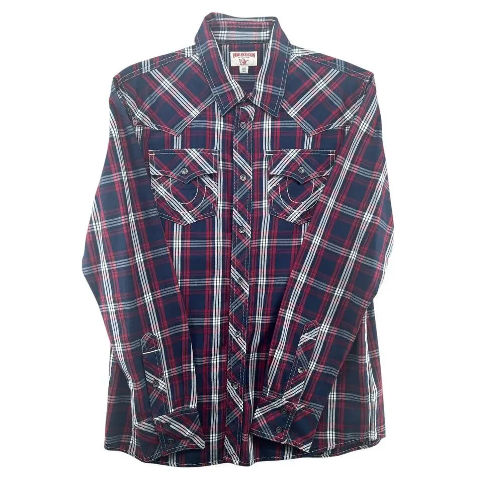 True Religion Plaid Western Shirt Mens M Red Blue Pearl Snap Flap Pocket